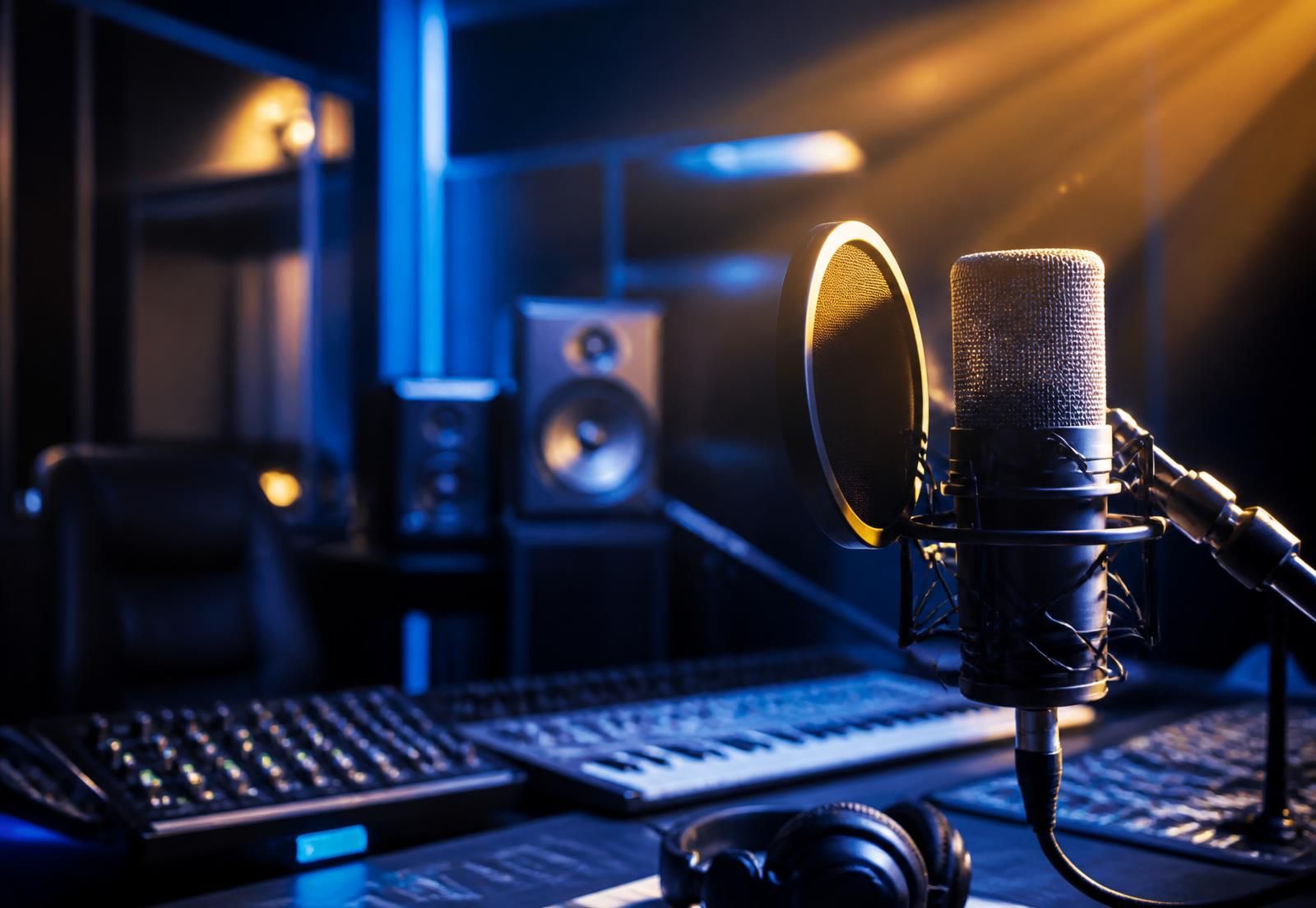 Gospel recording studio lit in deep blue and gold